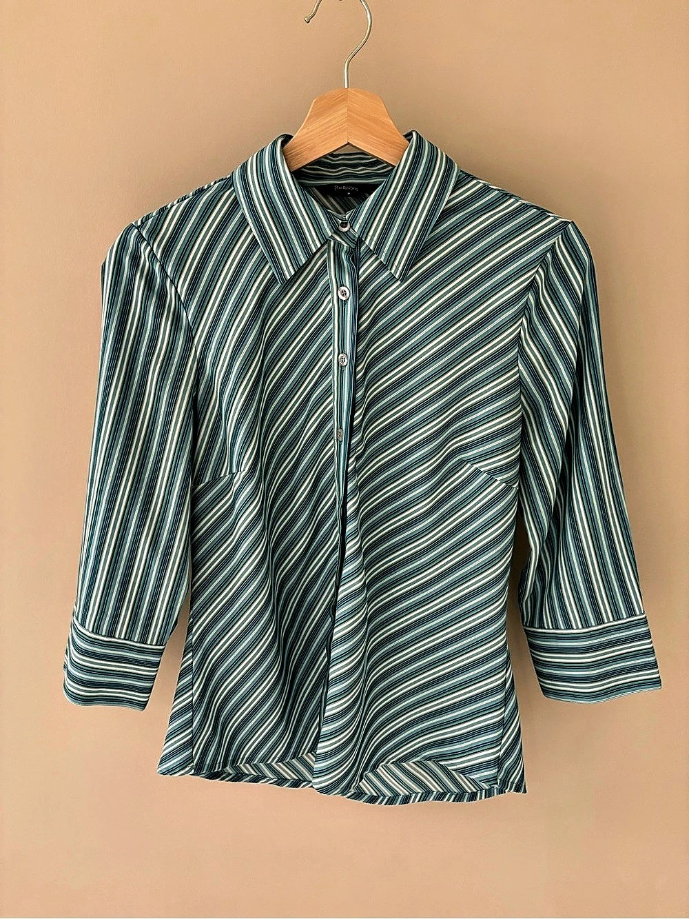 Reitmans Women's Stripped Button Down Shirt in Green & White